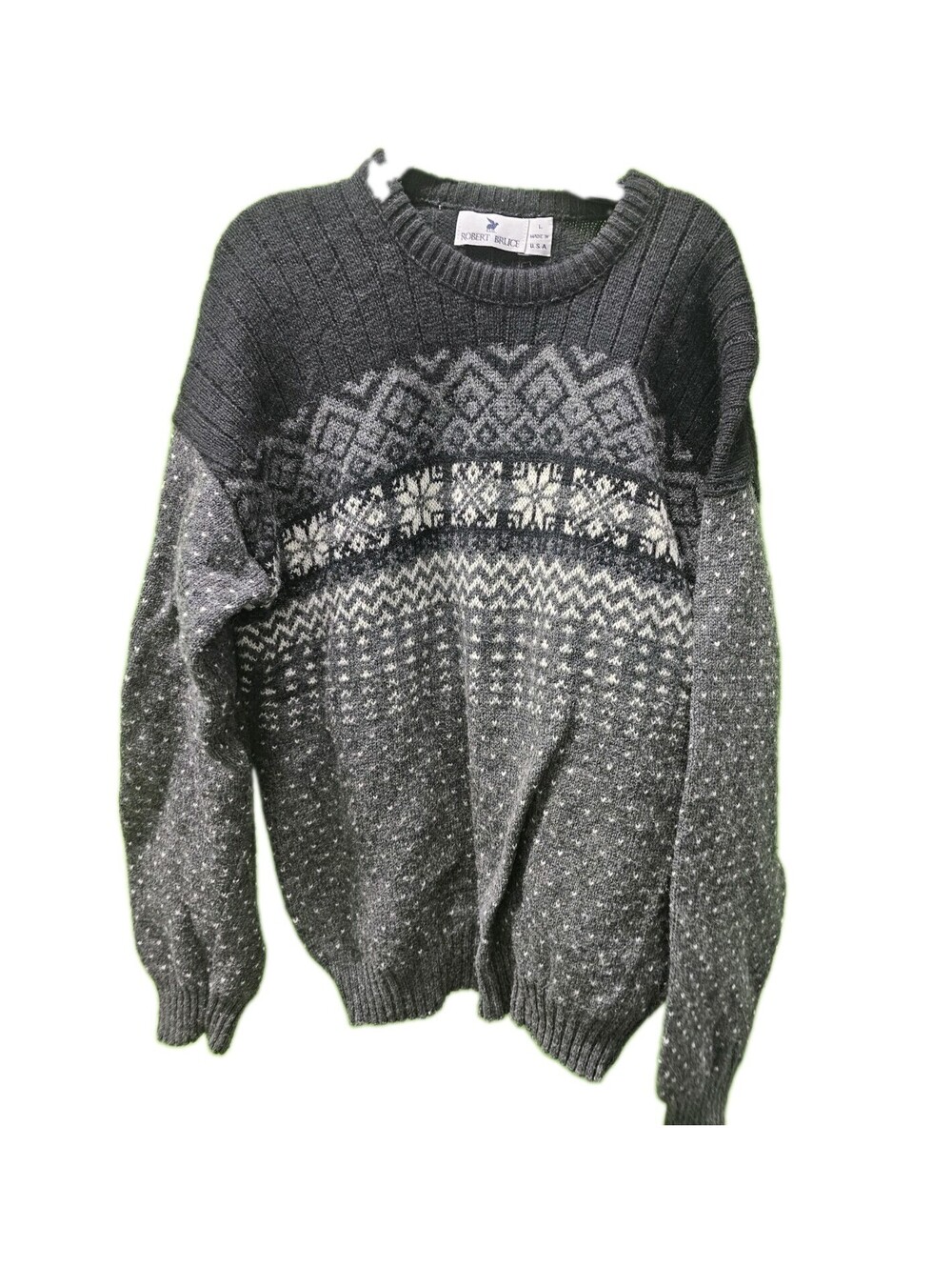 Robert Bruce Sweater Mens Large Wool Polyester Union Made USA Nordic Knit Vtg